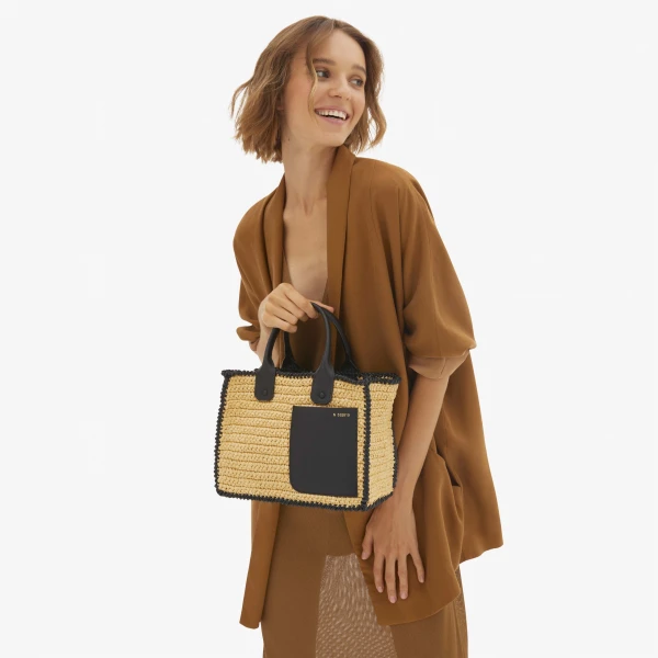 Valextra Soft Tote Raffia Crochet Mini Bag in Beige and Black | Mini Bags | Coveti