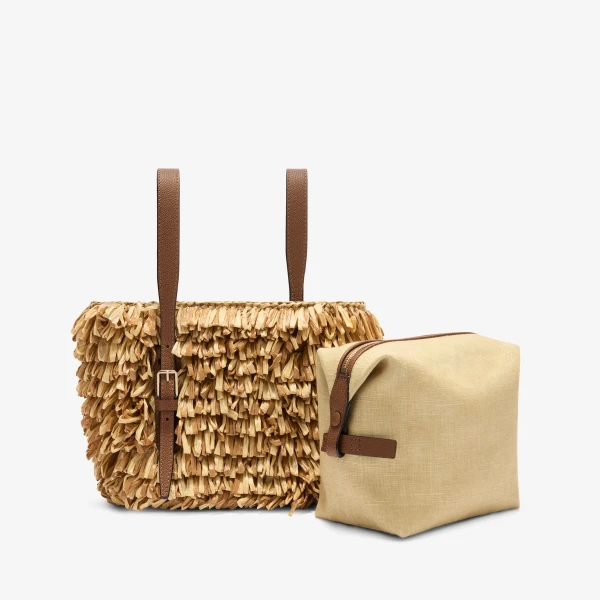 Valextra Soft Wavy Raffia Bucket Bag in Beige and Chocolate Brown | Bucket Bags | Coveti