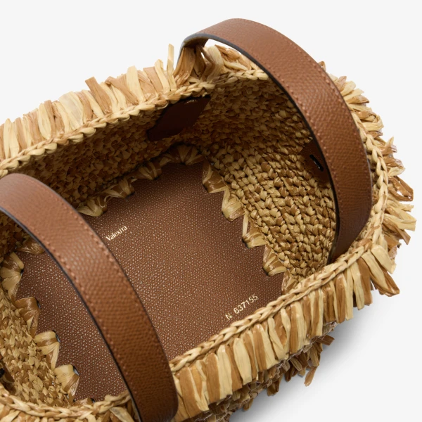 Valextra Soft Wavy Raffia Bucket Bag in Beige and Chocolate Brown | Bucket Bags | Coveti