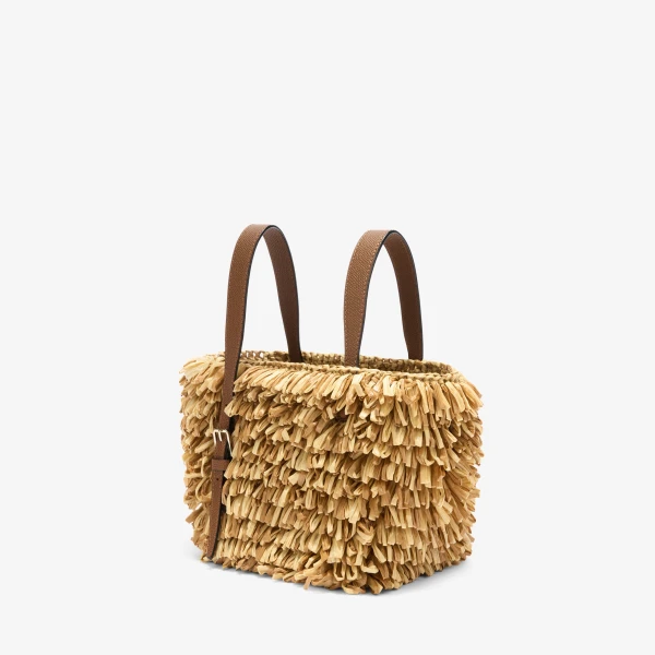 Valextra Soft Wavy Raffia Bucket Bag in Beige and Chocolate Brown | Bucket Bags | Coveti