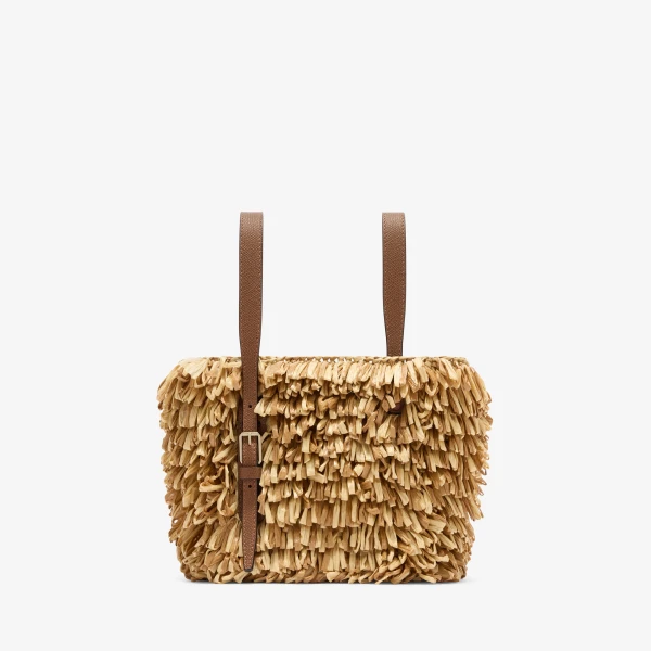 Valextra Soft Wavy Raffia Bucket Bag in Beige and Chocolate Brown | Bucket Bags | Coveti