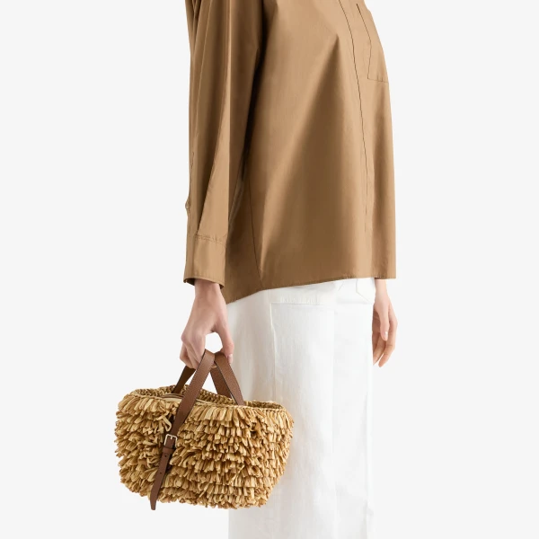Valextra Soft Wavy Raffia Bucket Bag in Beige and Chocolate Brown | Bucket Bags | Coveti