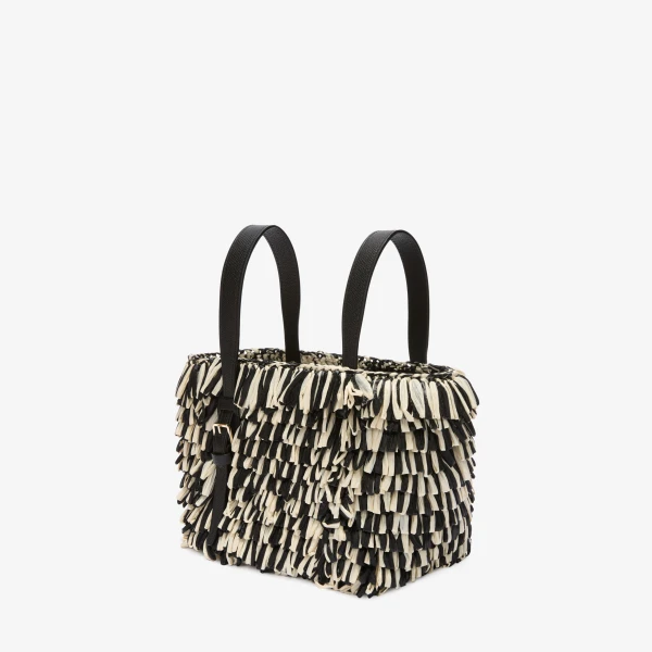 Valextra Soft Wavy Raffia Bucket Bag in Black and Pergamena White | Bucket Bags | Coveti