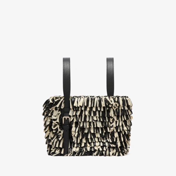 Valextra Soft Wavy Raffia Bucket Bag in Black and Pergamena White | Bucket Bags | Coveti