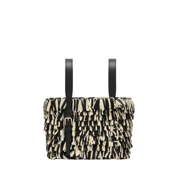 Soft Wavy Raffia Bucket Bag in Black and Pergamena White