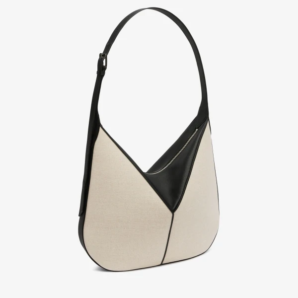 Valextra Vivi Canvas Hobo Bag in Sand Brown and Black | Shoulder & Crossbody Bags | Coveti