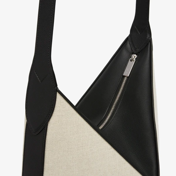 Valextra Vivi Canvas Hobo Bag in Sand Brown and Black | Shoulder & Crossbody Bags | Coveti