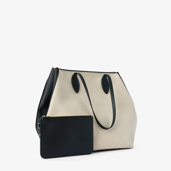 Valextra Vivi Canvas Shopping Large Bag in Sand Brown and Black | Totes & Top-Handle Bags | Coveti