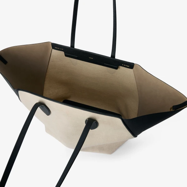 Valextra Vivi Canvas Shopping Large Bag in Sand Brown and Black | Totes & Top-Handle Bags | Coveti