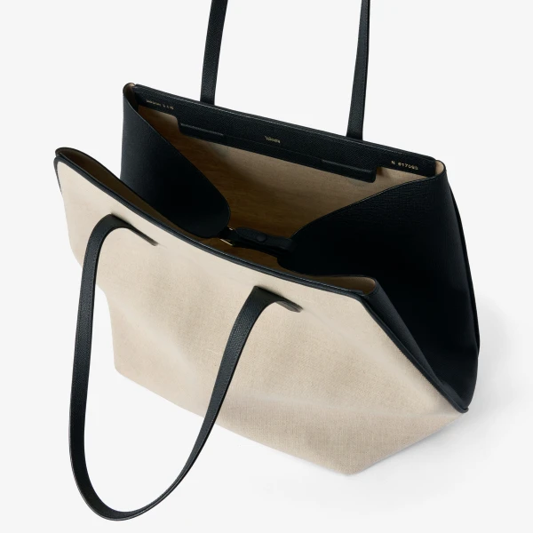 Valextra Vivi Canvas Shopping Large Bag in Sand Brown and Black | Totes & Top-Handle Bags | Coveti