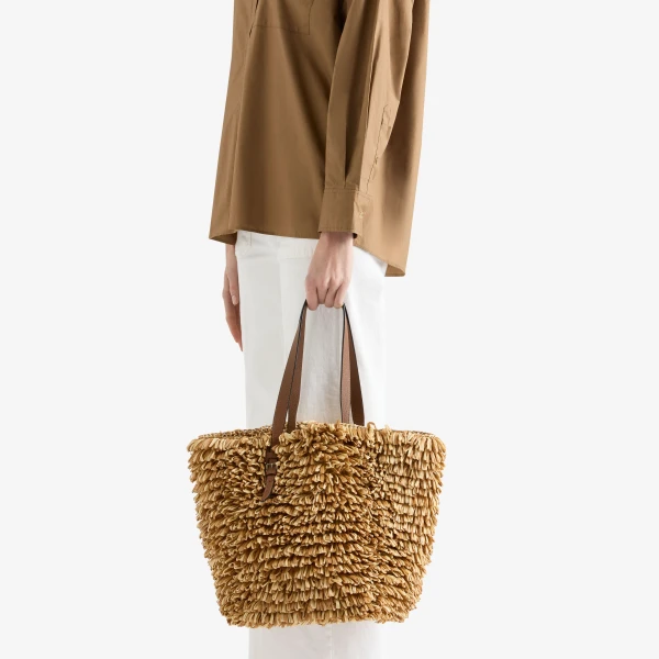 Valextra Wavy Raffia Tote Bag in Beige and Chocolate Brown | Totes & Top-Handle Bags | Coveti