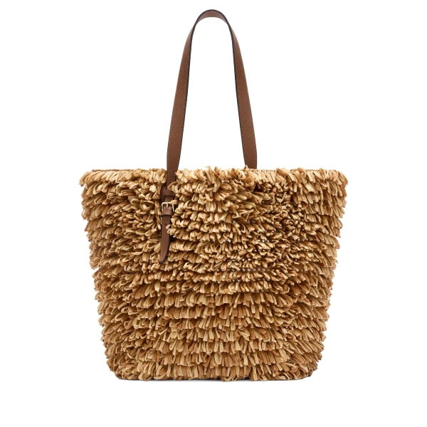 Wavy Raffia Tote Bag in Beige and Chocolate Brown