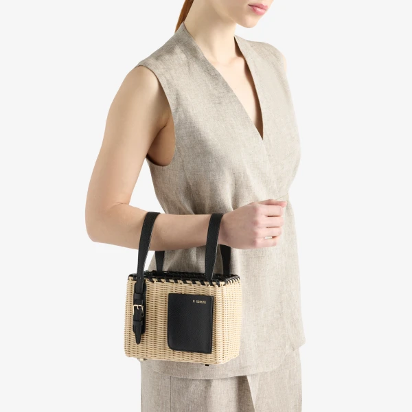 Valextra Wicker Bucket Micro Bag in Beige and Black | Bucket Bags | Coveti