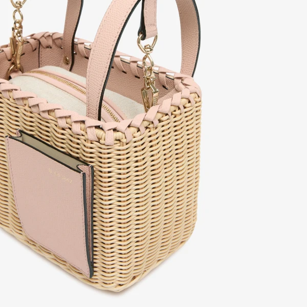 Valextra Wicker Bucket Micro Bag in Beige and Bonne Mine Pink | Bucket Bags | Coveti