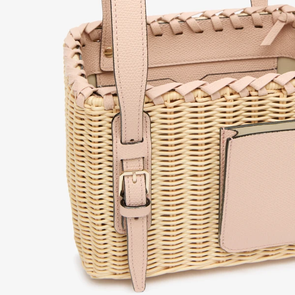 Valextra Wicker Bucket Micro Bag in Beige and Bonne Mine Pink | Bucket Bags | Coveti