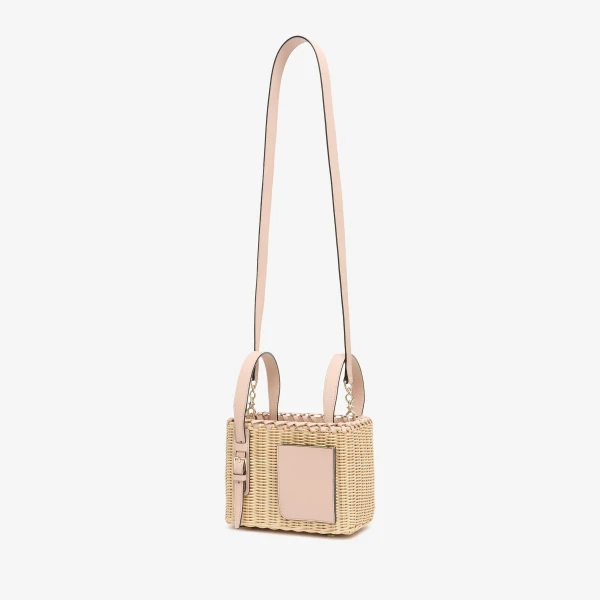 Valextra Wicker Bucket Micro Bag in Beige and Bonne Mine Pink | Bucket Bags | Coveti