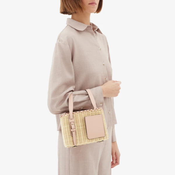 Valextra Wicker Bucket Micro Bag in Beige and Bonne Mine Pink | Bucket Bags | Coveti