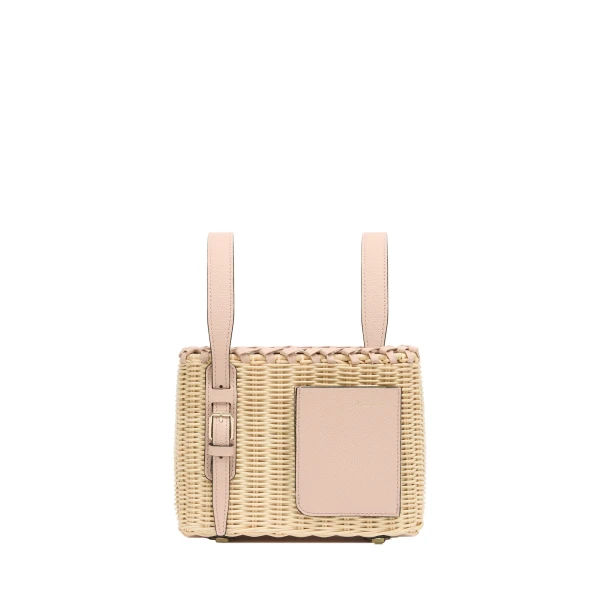 Wicker Bucket Micro Bag in Beige and Bonne Mine Pink