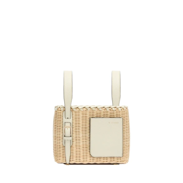 Wicker Bucket Micro Bag in Beige and Pergamena White