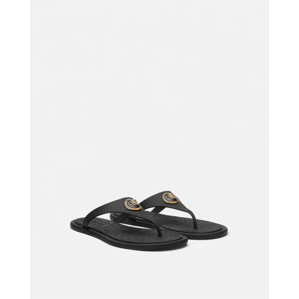 Versace Alia Rubber Flat Sandals in Black and Gold, view 2 | Flats