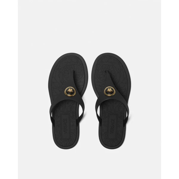 Versace Alia Rubber Flat Sandals in Black and Gold, view 3 | Flats