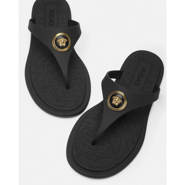 Versace Alia Rubber Flat Sandals in Black and Gold, view 4 | Flats