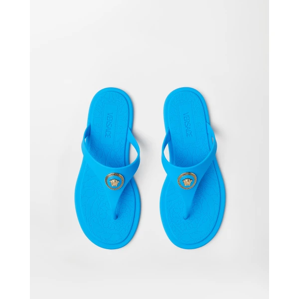 Versace Alia Rubber Flat Sandals in Light Blue, view 2 | Flats
