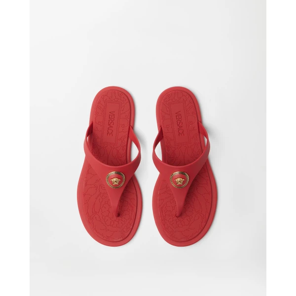 Versace Alia Rubber Flat Sandals in Red, view 2 | Flip Flops & Slides