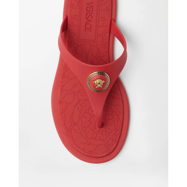 Versace Alia Rubber Flat Sandals in Red, view 4 | Flip Flops & Slides