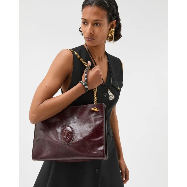 Versace Cabine Leather Shoulder Bag in Brown, view 2 | Shoulder & Crossbody Bags