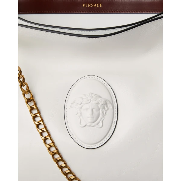 Versace Cabine Leather Shoulder Bag in White, view 4 | Shoulder & Crossbody Bags