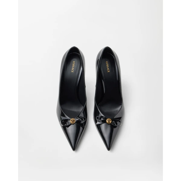 Versace Camille Patent Leather Pumps 85 mm in Black, view 2 | Heels