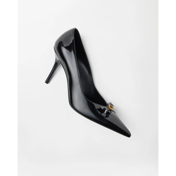 Versace Camille Patent Leather Pumps 85 mm in Black, view 3 | Heels