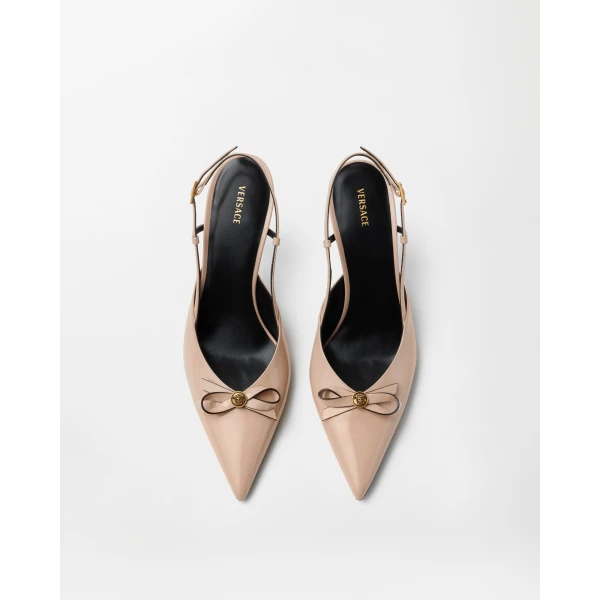 Versace Camille Patent Leather Slingbacks 85 mm in Beige, view 3 | Heels