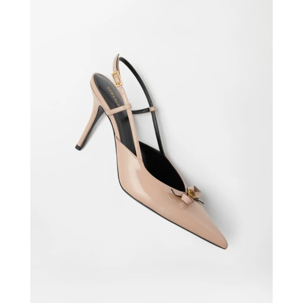 Versace Camille Patent Leather Slingbacks 85 mm in Beige, view 4 | Heels