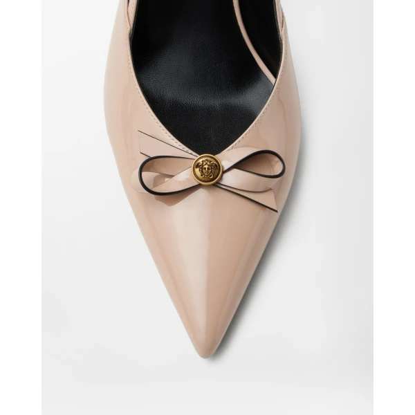 Versace Camille Patent Leather Slingbacks 85 mm in Beige, view 6 | Heels