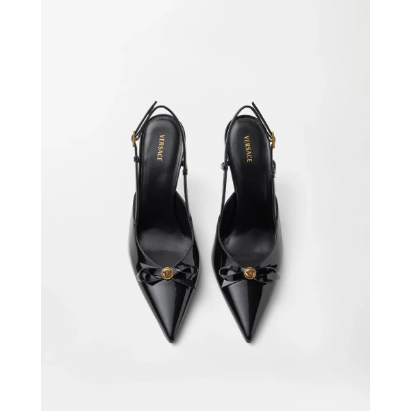 Versace Camille Patent Leather Slingbacks 85 mm in Black, view 2 | Heels