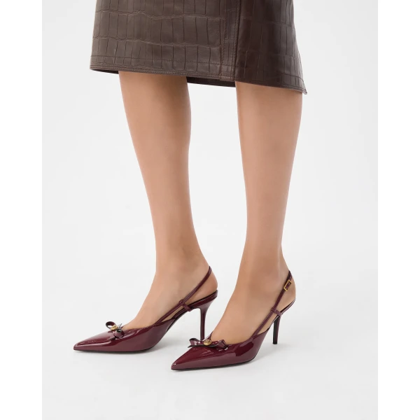 Versace Camille Patent Leather Slingbacks 85 mm in Burgundy, view 2 | Heels