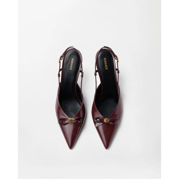 Versace Camille Patent Leather Slingbacks 85 mm in Burgundy, view 3 | Heels