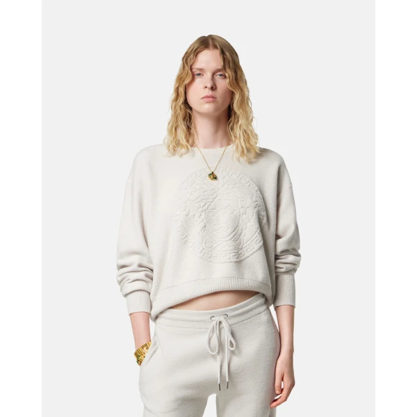 Versace Cashmere-Wool Knit Sweater in Grey, view 2 | Sweaters