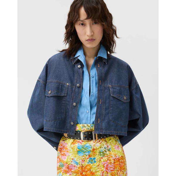 Versace Chambray Denim Crop Shirt in Blue, view 2 | Shirts