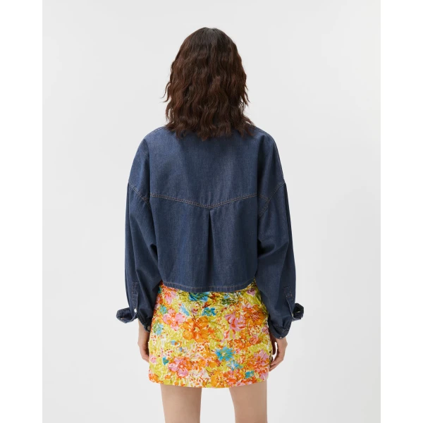 Versace Chambray Denim Crop Shirt in Blue, view 3 | Shirts