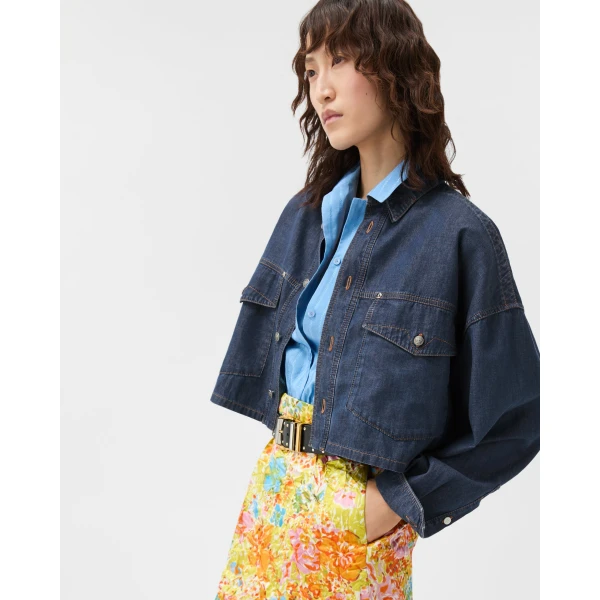 Versace Chambray Denim Crop Shirt in Blue, view 4 | Shirts