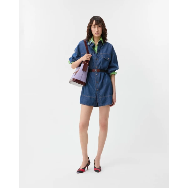 Versace Chambray Denim Mini Dress in Blue, view 2 | Denim Dresses