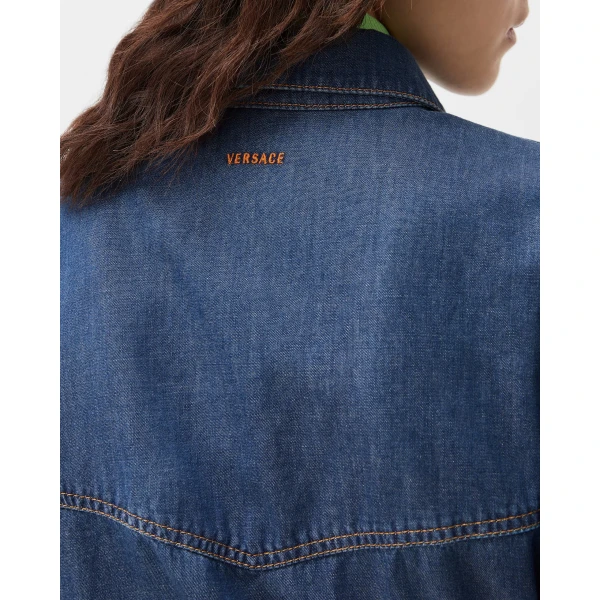 Versace Chambray Denim Mini Dress in Blue, view 5 | Denim Dresses