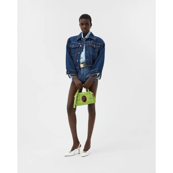 Versace Chambray Denim Mini Shorts in Blue, view 2 | Denim Shorts