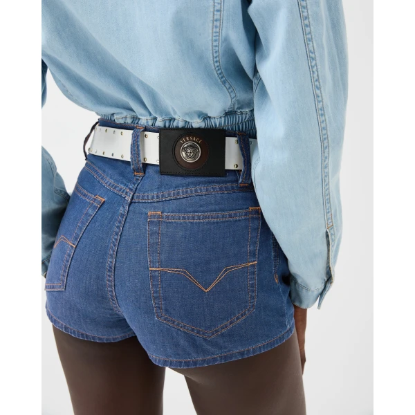 Versace Chambray Denim Mini Shorts in Blue, view 3 | Denim Shorts