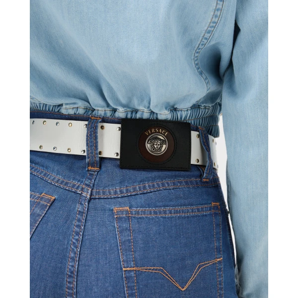 Versace Chambray Denim Mini Shorts in Blue, view 5 | Denim Shorts
