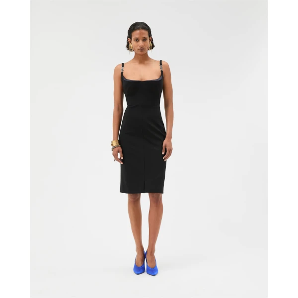 Versace Compact Viscose-Jersey Midi Dress in Black, view 2 | Midi Dresses