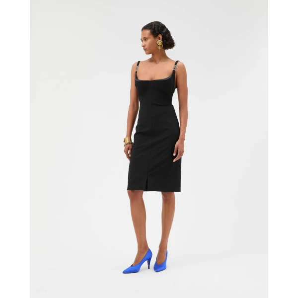 Versace Compact Viscose-Jersey Midi Dress in Black, view 4 | Midi Dresses